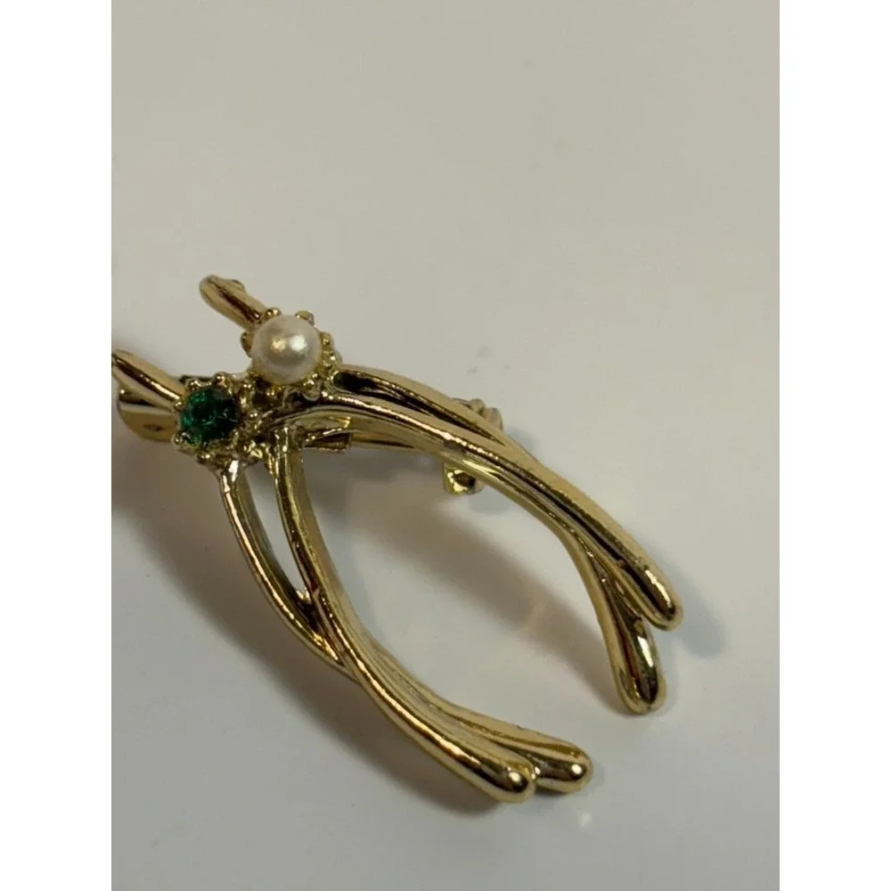 Vintage Brooch Lucky Wish Bone Faux Pearl‎ Green Rhinestone